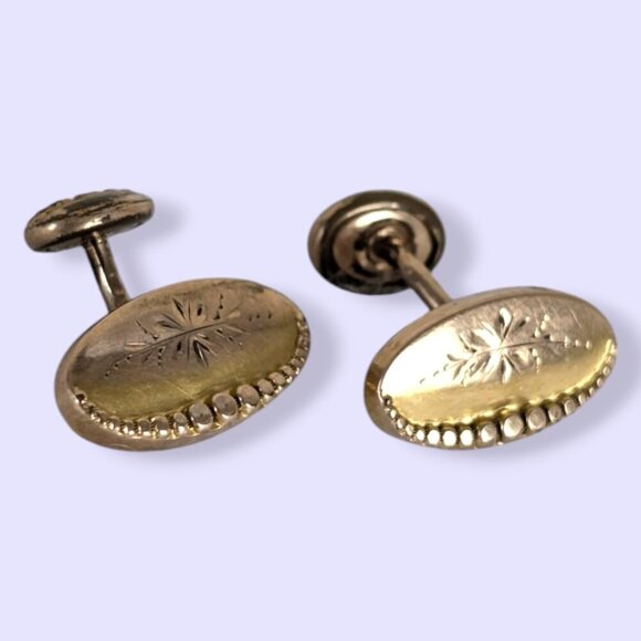 Antique Floral Etched Fixed Bean Back Cufflinks - Picture 3 of 5